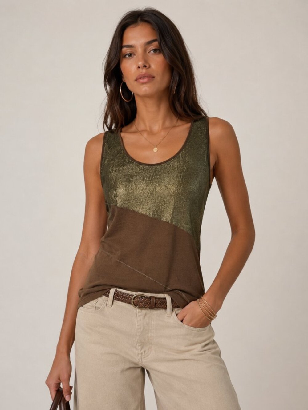 VPL Metallic Olive and Brown Colorblock Tank